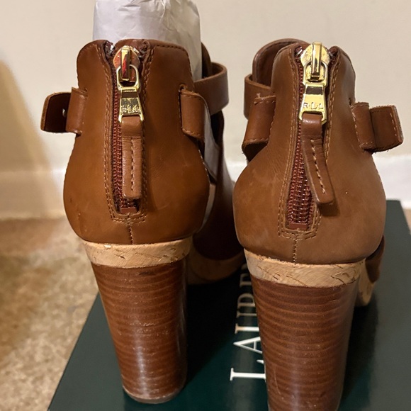 Lauren Ralph Lauren Cognac Peep-Toe Ankle Booties with Buckle Strap - Picture 3 of 6